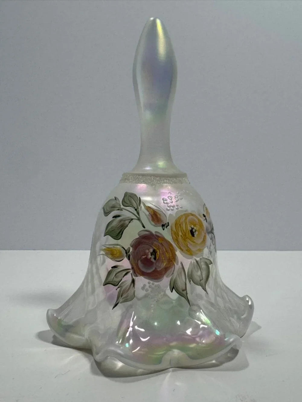 Fenton Vintage Iridescent Hand-Painted Glass Bell with Ruffled Edge